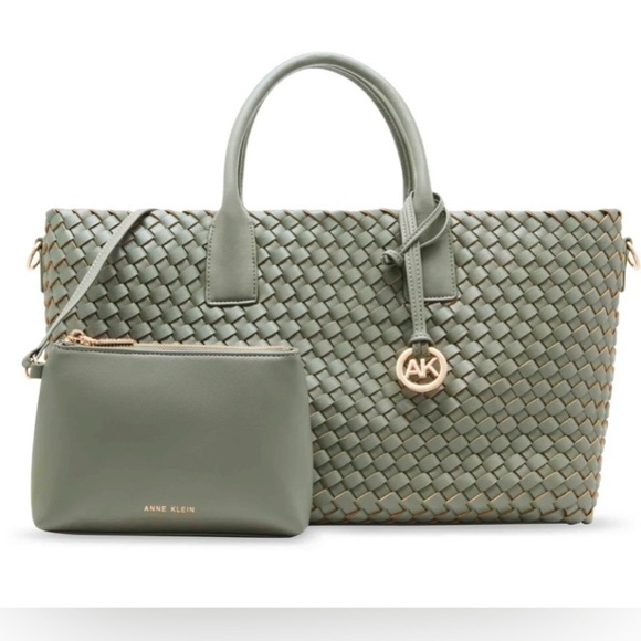 ✨🎁🎁Anne Klein Green Woven Tote Bag with Pouch✨NEW - Picture 2 of 14